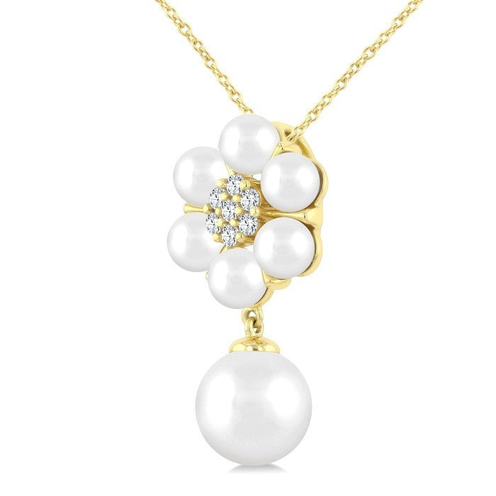 4 MM & 8 MM Cultured Pearl and 1/10 Ctw Floral Round Cut Diamond Fashion Pendant With Chain in 10K Yellow Gold
