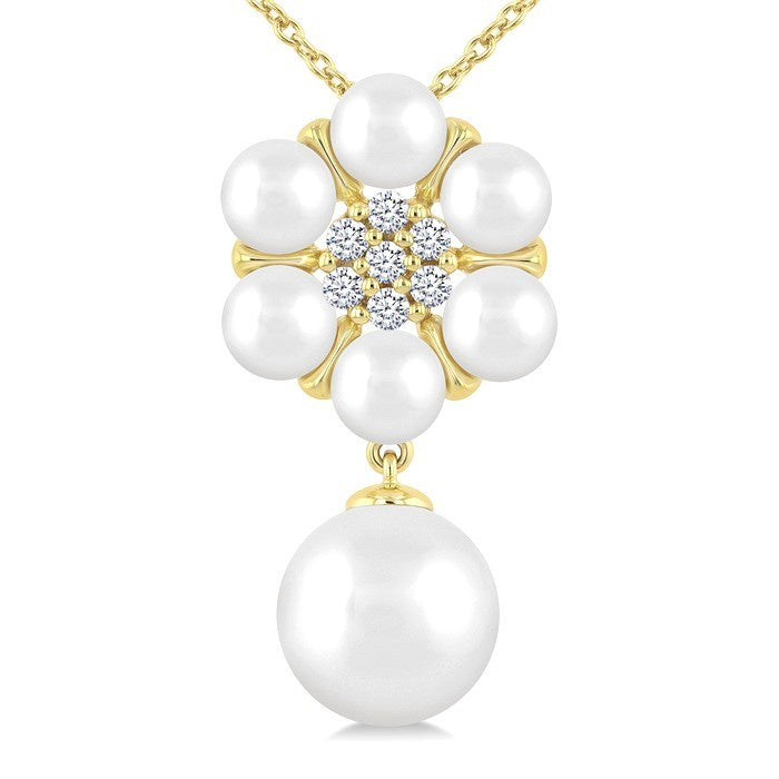 4 MM & 8 MM Cultured Pearl and 1/10 Ctw Floral Round Cut Diamond Fashion Pendant With Chain in 10K Yellow Gold
