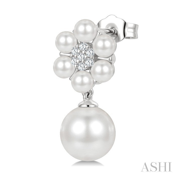 3MM & 7MM White Cultured Pearl and 1/10 Ctw Floral Round Cut Diamond Fashion Earrings in 10K White Gold