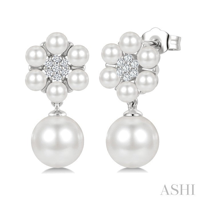 3MM & 7MM White Cultured Pearl and 1/10 Ctw Floral Round Cut Diamond Fashion Earrings in 10K White Gold