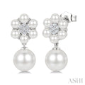 3MM & 7MM White Cultured Pearl and 1/10 Ctw Floral Round Cut Diamond Fashion Earrings in 10K White Gold