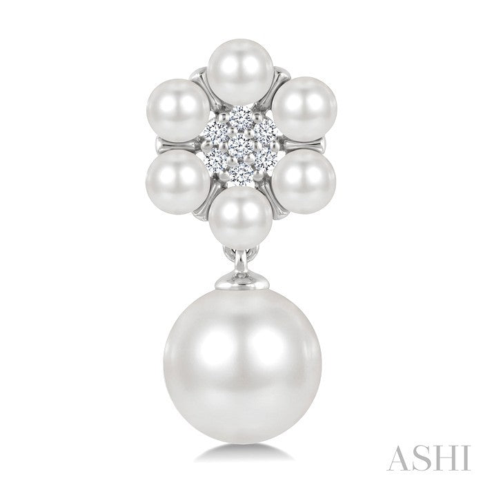 3MM & 7MM White Cultured Pearl and 1/10 Ctw Floral Round Cut Diamond Fashion Earrings in 10K White Gold