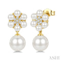 3MM & 7MM White Cultured Pearl and 1/10 Ctw Floral Round Cut Diamond Fashion Earrings in 10K Yellow Gold