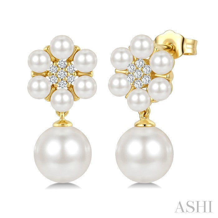 3MM & 7MM White Cultured Pearl and 1/10 Ctw Floral Round Cut Diamond Fashion Earrings in 10K Yellow Gold
