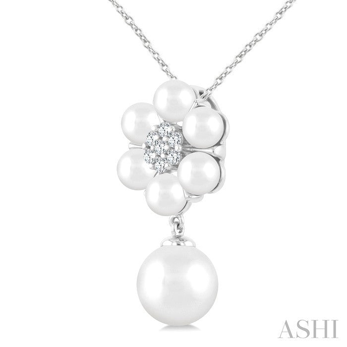 4 MM & 8 MM Cultured Pearl and 1/10 Ctw Floral Round Cut Diamond Fashion Pendant With Chain in 10K White Gold