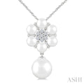 4 MM & 8 MM Cultured Pearl and 1/10 Ctw Floral Round Cut Diamond Fashion Pendant With Chain in 10K White Gold