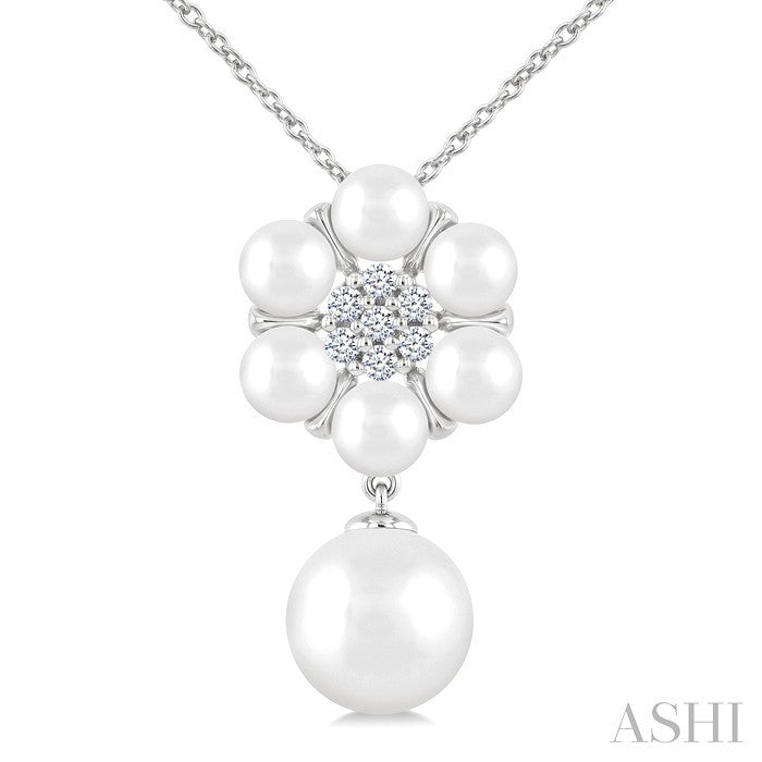4 MM & 8 MM Cultured Pearl and 1/10 Ctw Floral Round Cut Diamond Fashion Pendant With Chain in 10K White Gold
