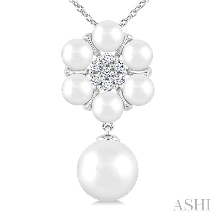 4 MM & 8 MM Cultured Pearl and 1/10 Ctw Floral Round Cut Diamond Fashion Pendant With Chain in 10K White Gold
