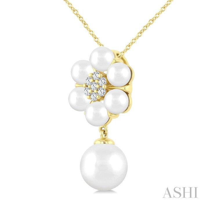 4 MM & 8 MM Cultured Pearl and 1/10 Ctw Floral Round Cut Diamond Fashion Pendant With Chain in 10K Yellow Gold