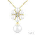 4 MM & 8 MM Cultured Pearl and 1/10 Ctw Floral Round Cut Diamond Fashion Pendant With Chain in 10K Yellow Gold