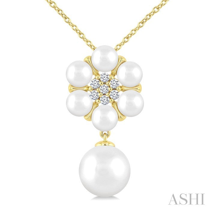 4 MM & 8 MM Cultured Pearl and 1/10 Ctw Floral Round Cut Diamond Fashion Pendant With Chain in 10K Yellow Gold