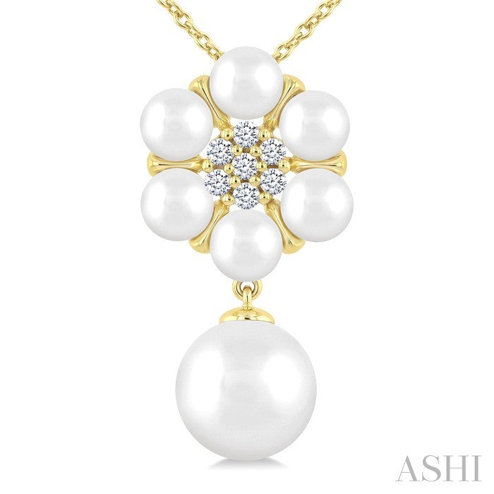4 MM & 8 MM Cultured Pearl and 1/10 Ctw Floral Round Cut Diamond Fashion Pendant With Chain in 10K Yellow Gold