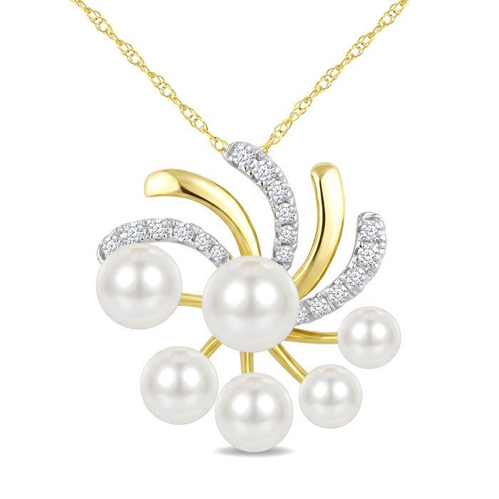 6 MM, 5.5 MM, 5 MM and 4 MM White Cultured Pearl and 1/5 Ctw Round Cut Diamond Blossom Fashion Pendant With Chain in 10K Yellow Gold