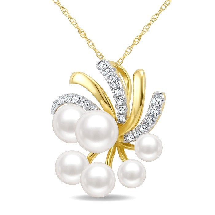6 MM, 5.5 MM, 5 MM and 4 MM White Cultured Pearl and 1/5 Ctw Round Cut Diamond Blossom Fashion Pendant With Chain in 10K Yellow Gold