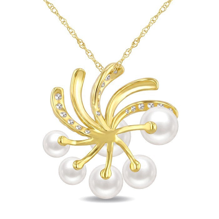 6 MM, 5.5 MM, 5 MM and 4 MM White Cultured Pearl and 1/5 Ctw Round Cut Diamond Blossom Fashion Pendant With Chain in 10K Yellow Gold