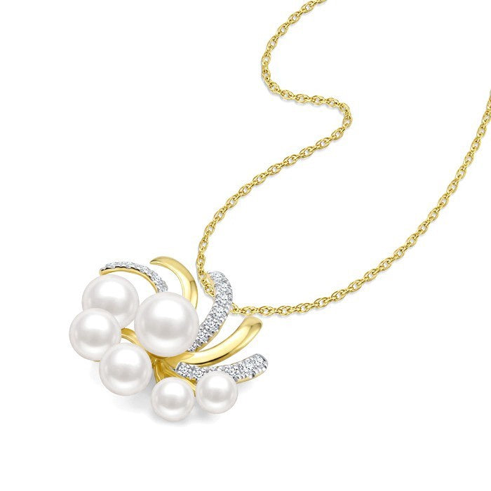 6 MM, 5.5 MM, 5 MM and 4 MM White Cultured Pearl and 1/5 Ctw Round Cut Diamond Blossom Fashion Pendant With Chain in 10K Yellow Gold