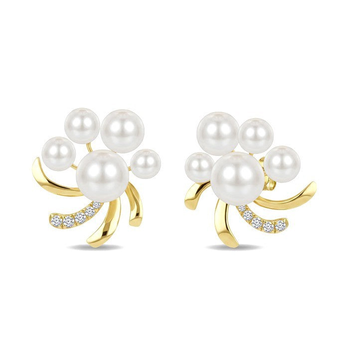 3.5 MM, 4 MM, 5 MM and 6 MM White Cultured Pearl and 1/10 Ctw Round Cut Diamond Blossom Fashion Earrings in 10K Yellow Gold
