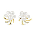 3.5 MM, 4 MM, 5 MM and 6 MM White Cultured Pearl and 1/10 Ctw Round Cut Diamond Blossom Fashion Earrings in 10K Yellow Gold