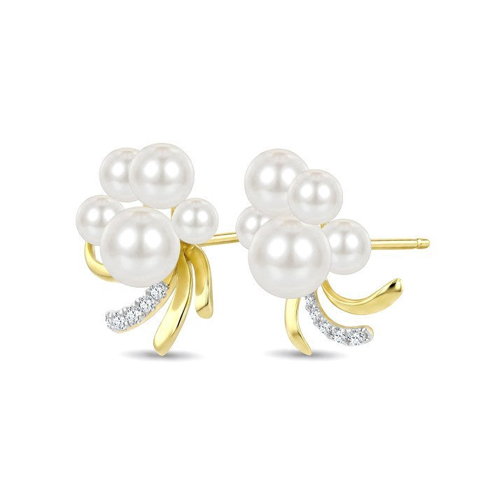 3.5 MM, 4 MM, 5 MM and 6 MM White Cultured Pearl and 1/10 Ctw Round Cut Diamond Blossom Fashion Earrings in 10K Yellow Gold