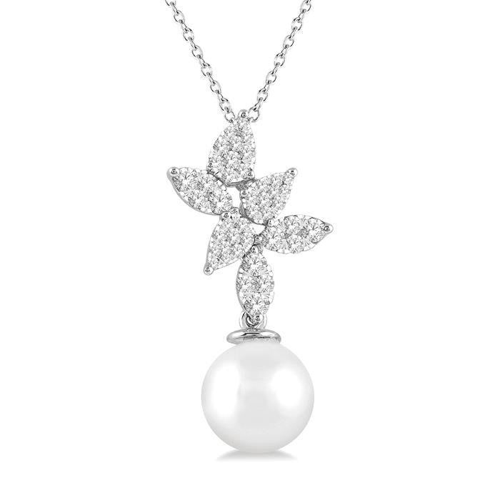 9 MM Cultured Pearl and 1/2 Ctw Shine Bright Round Cut Diamond Fashion Pendant With Chain in 14K White Gold