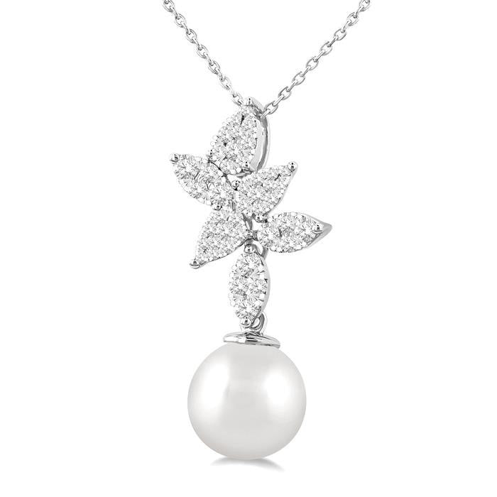 9 MM Cultured Pearl and 1/2 Ctw Shine Bright Round Cut Diamond Fashion Pendant With Chain in 14K White Gold