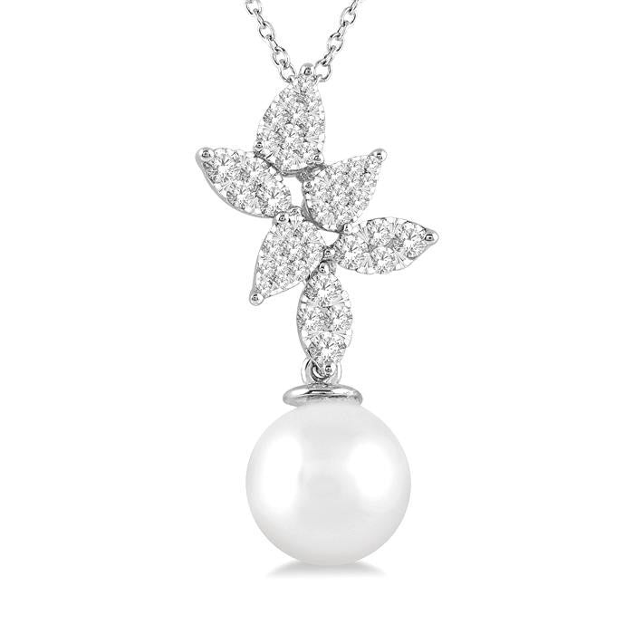 9 MM Cultured Pearl and 1/2 Ctw Shine Bright Round Cut Diamond Fashion Pendant With Chain in 14K White Gold