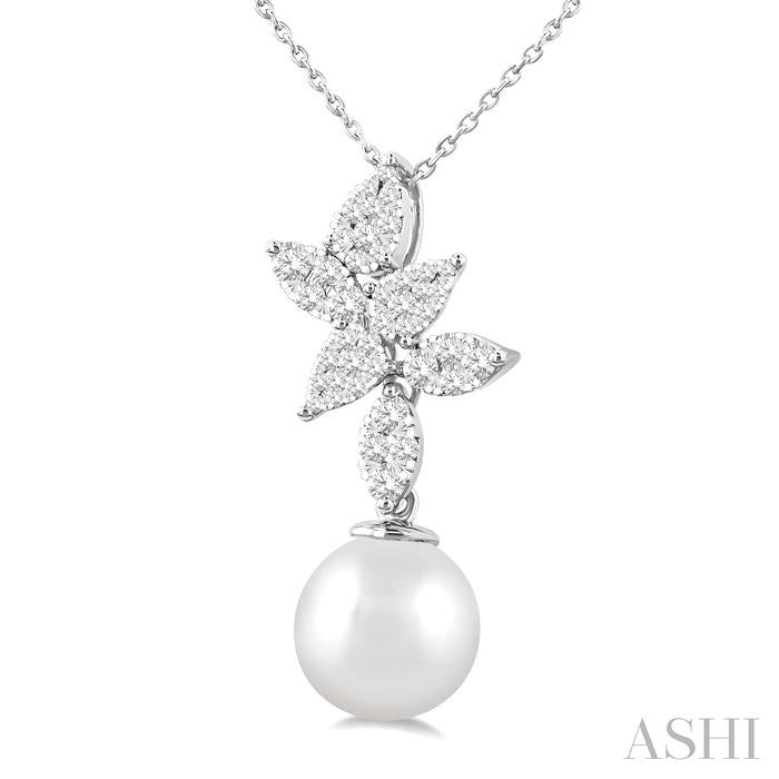 9 MM Cultured Pearl and 1/2 Ctw Shine Bright Round Cut Diamond Fashion Pendant With Chain in 14K White Gold