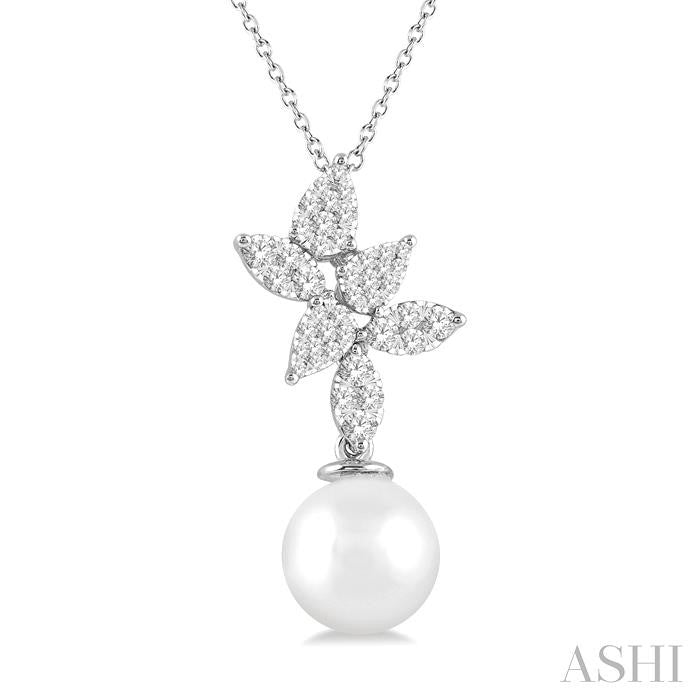 9 MM Cultured Pearl and 1/2 Ctw Shine Bright Round Cut Diamond Fashion Pendant With Chain in 14K White Gold