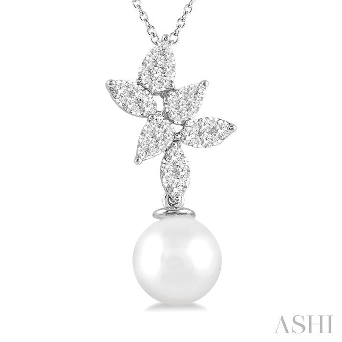 9 MM Cultured Pearl and 1/2 Ctw Shine Bright Round Cut Diamond Fashion Pendant With Chain in 14K White Gold