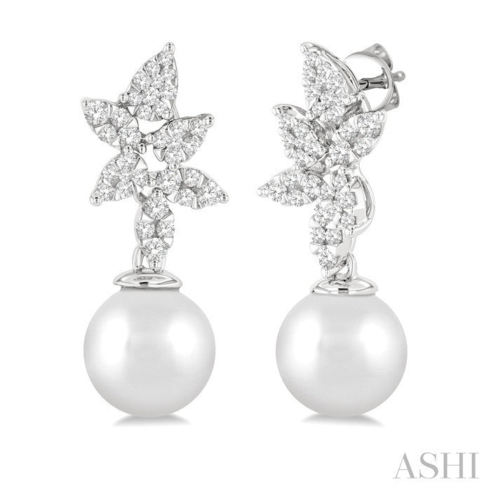 8 MM Cultured Pearl and 3/8 Ctw Round Cut Diamond Shine Bright Fashion Earrings in 14K White Gold