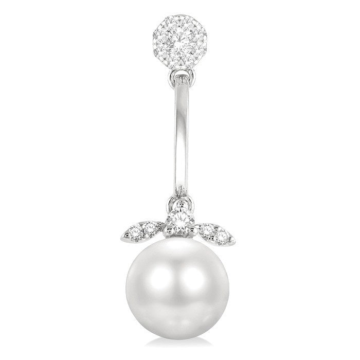 7 MM Cultured White Pearl and 1/4 Ctw Shine Bright Round Cut Diamond Fashion Earrings in 14K White Gold