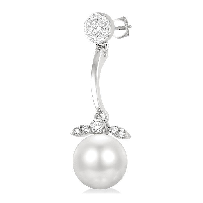 7 MM Cultured White Pearl and 1/4 Ctw Shine Bright Round Cut Diamond Fashion Earrings in 14K White Gold