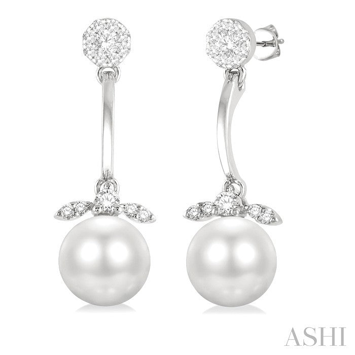 7 MM Cultured White Pearl and 1/4 Ctw Shine Bright Round Cut Diamond Fashion Earrings in 14K White Gold