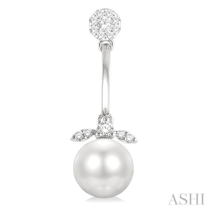 7 MM Cultured White Pearl and 1/4 Ctw Shine Bright Round Cut Diamond Fashion Earrings in 14K White Gold