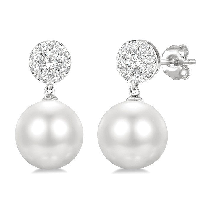 7 MM Cultured White Pearl and 1/4 Ctw Disc Top Shine Bright Round Cut Diamond Fashion Earrings in 10K White Gold