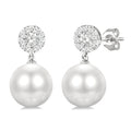 7 MM Cultured White Pearl and 1/4 Ctw Disc Top Shine Bright Round Cut Diamond Fashion Earrings in 10K White Gold