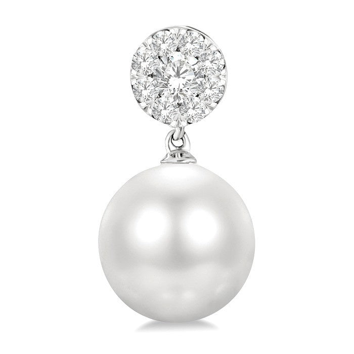7 MM Cultured White Pearl and 1/4 Ctw Disc Top Shine Bright Round Cut Diamond Fashion Earrings in 10K White Gold