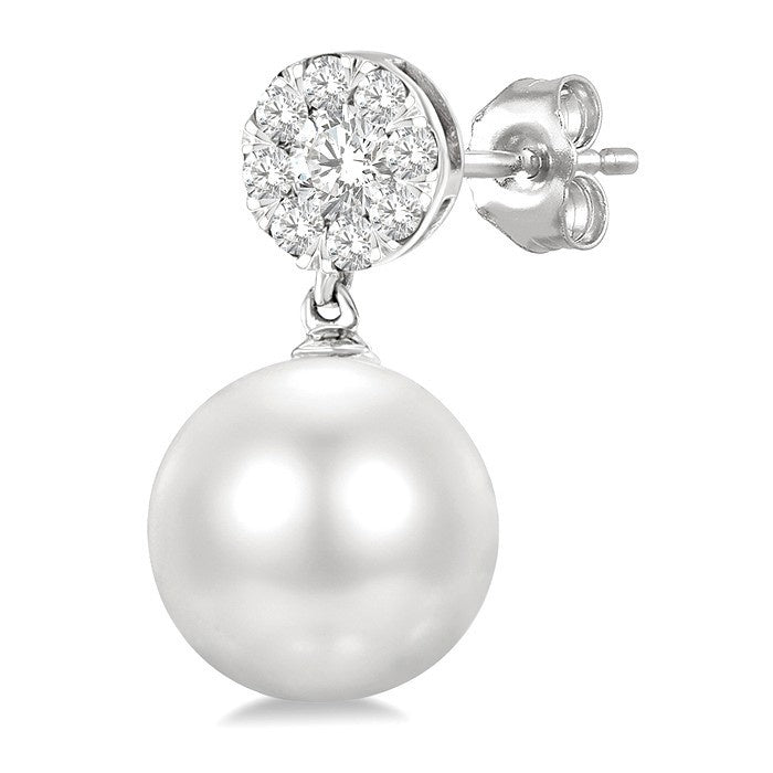 7 MM Cultured White Pearl and 1/4 Ctw Disc Top Shine Bright Round Cut Diamond Fashion Earrings in 10K White Gold