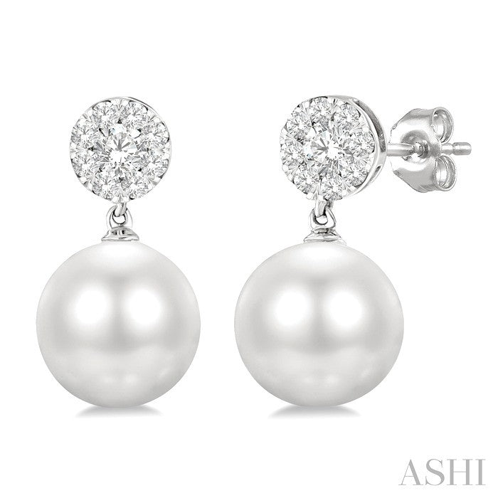 7 MM Cultured White Pearl and 1/4 Ctw Disc Top Shine Bright Round Cut Diamond Fashion Earrings in 14K White Gold