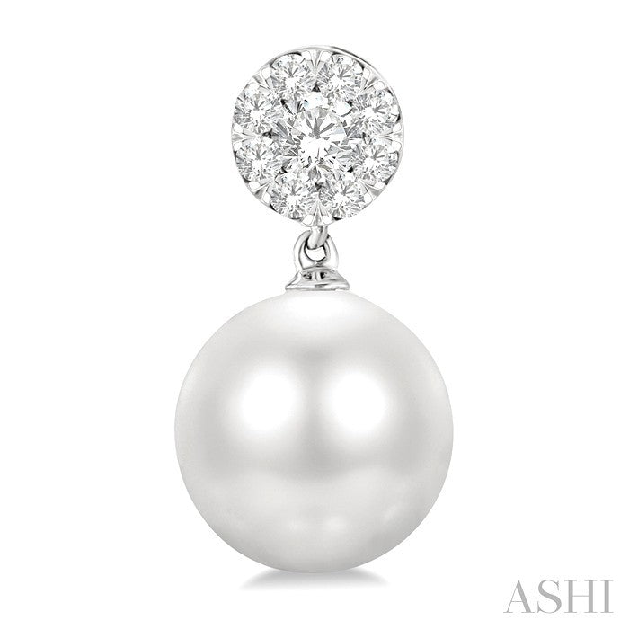 7 MM Cultured White Pearl and 1/4 Ctw Disc Top Shine Bright Round Cut Diamond Fashion Earrings in 14K White Gold
