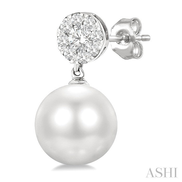 7 MM Cultured White Pearl and 1/4 Ctw Disc Top Lovebright Round Cut Diamond Fashion Earrings in 10K White Gold