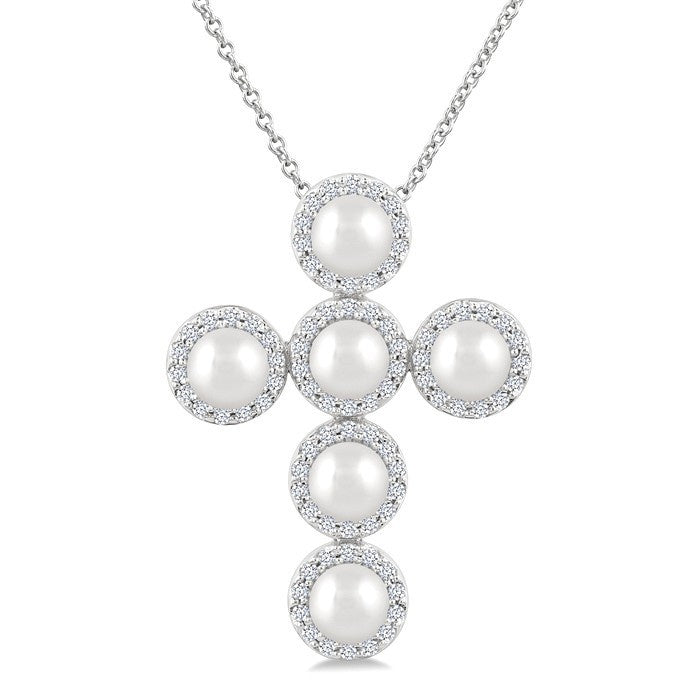 4 MM Cross Cultured Pearl and 1/3 Ctw Round Cut Diamond Pendant With Chain in 14K White Gold