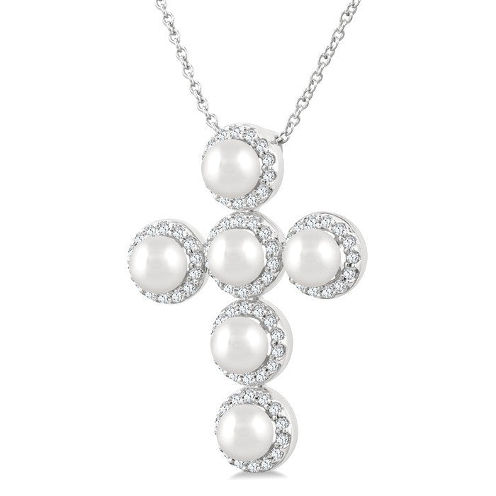 4 MM Cross Cultured Pearl and 1/3 Ctw Round Cut Diamond Pendant With Chain in 14K White Gold