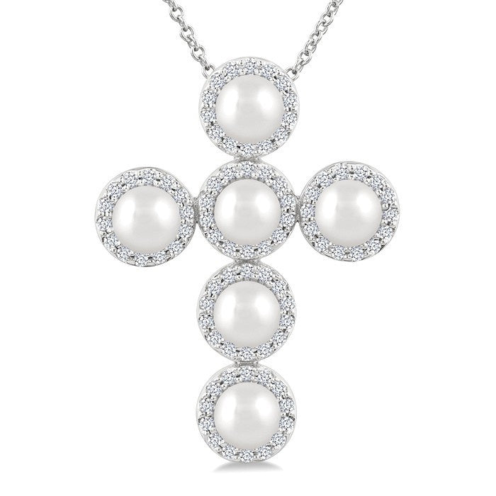 4 MM Cross Cultured Pearl and 1/3 Ctw Round Cut Diamond Pendant With Chain in 14K White Gold