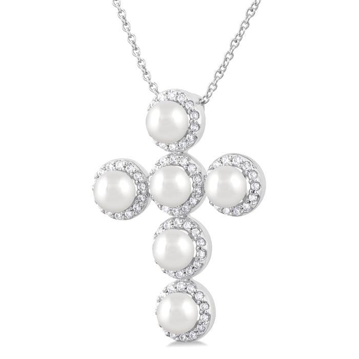 Cross Pearl & Halo Diamond Fashion Pendant