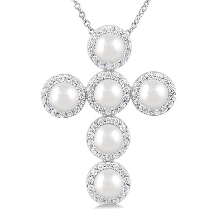 Cross Pearl & Halo Diamond Fashion Pendant