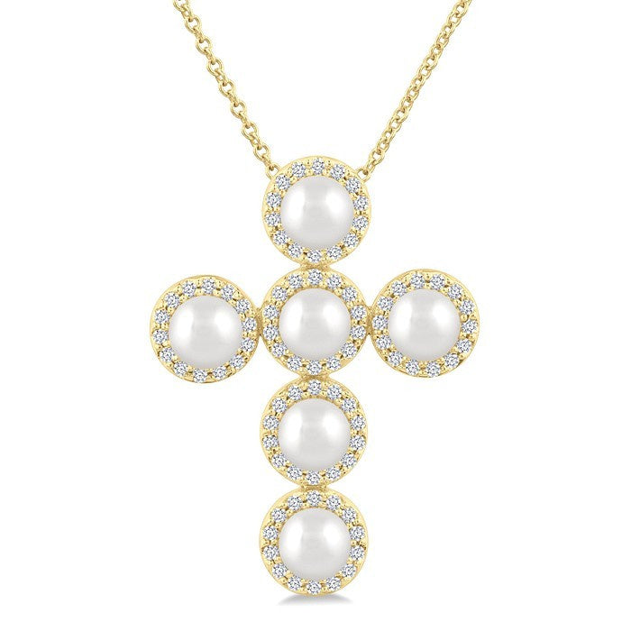 4 MM Cross Cultured Pearl and 1/3 Ctw Round Cut Diamond Fashion Pendant With Chain in 14K Yellow Gold