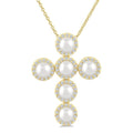 4 MM Cross Cultured Pearl and 1/3 Ctw Round Cut Diamond Fashion Pendant With Chain in 14K Yellow Gold