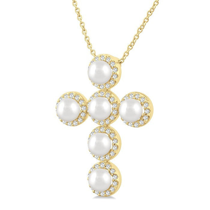 4 MM Cross Cultured Pearl and 1/3 Ctw Round Cut Diamond Fashion Pendant With Chain in 14K Yellow Gold