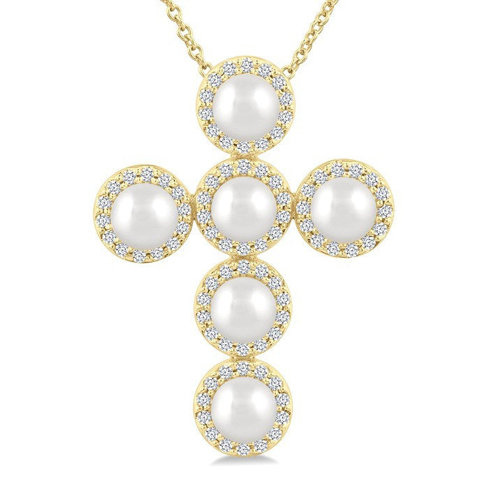 4 MM Cross Cultured Pearl and 1/3 Ctw Round Cut Diamond Fashion Pendant With Chain in 14K Yellow Gold